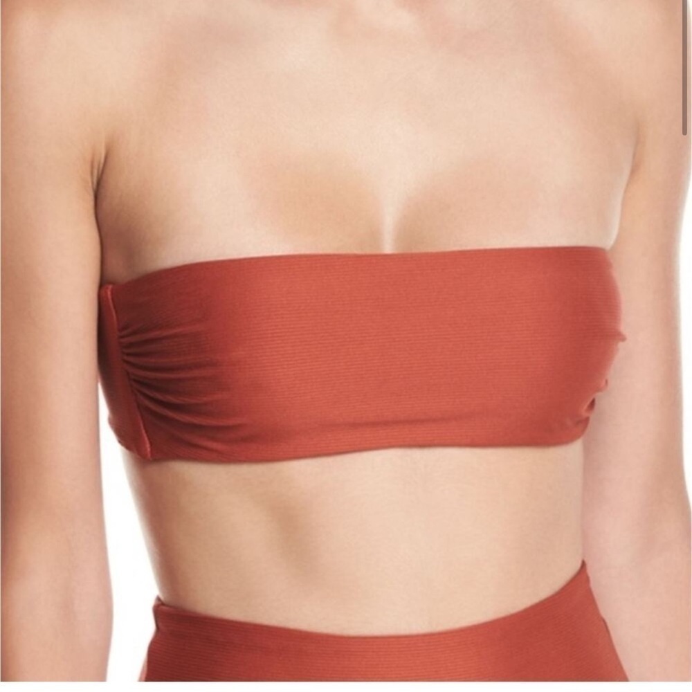 Mara Hoffman Abigail Ribbed Knotted Strapless Bandeau Swim Bikini Top Rust